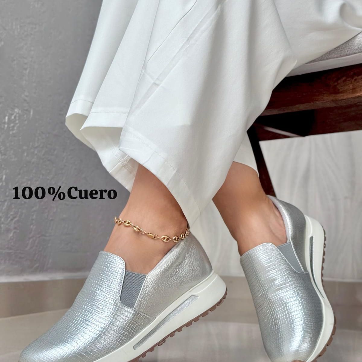 EVEGONZ - Zapato Casual Plateado Cómodo de Mujer En Cuero