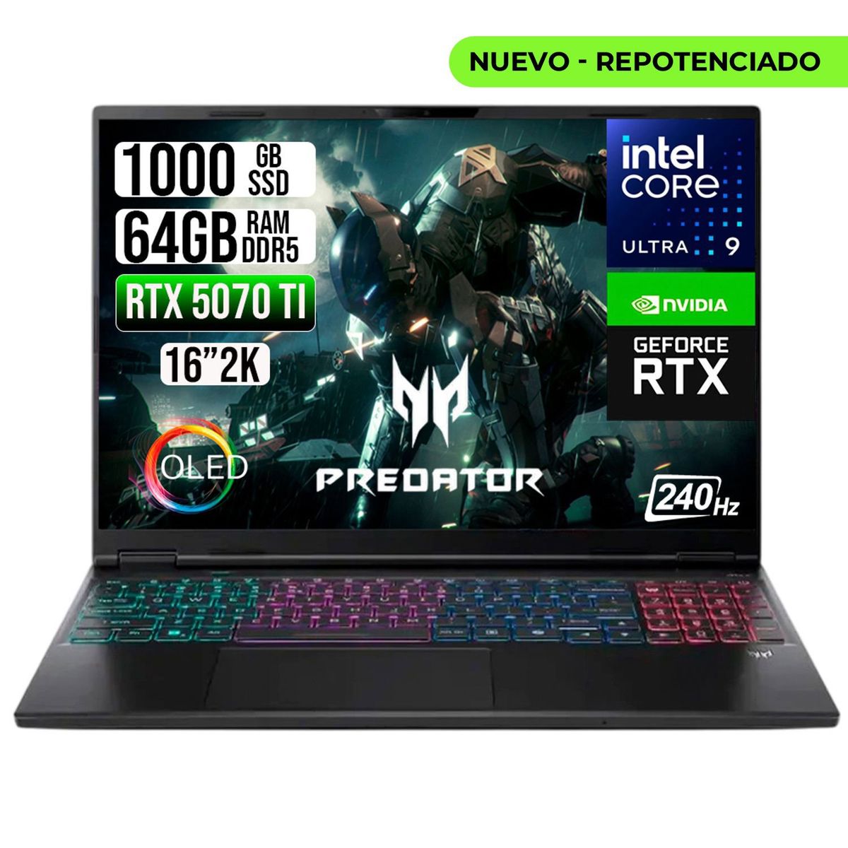ACER - PORTATIL ACER PREDATOR ULTRA 9 275HX RTX 5070 TI 12GB RAM 64GB SSD 1TB 16" OLED 240HZ