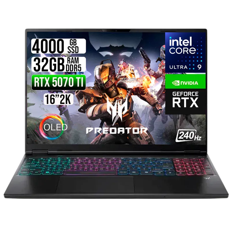 ACER - PORTATIL ACER PREDATOR  ULTRA 9 275HX RTX 5070 TI 12GB RAM 32GB SSD 4TB 16" OLED 240HZ