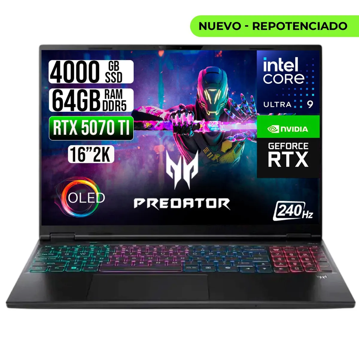 ACER - PORTATIL ACER PREDATOR ULTRA 9 275HX RTX 5070 TI 12GB RAM 64GB SSD 4TB 16" OLED 240HZ