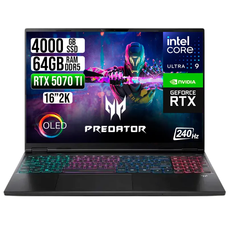 ACER - PORTATIL ACER PREDATOR ULTRA 9 275HX RTX 5070 TI 12GB RAM 64GB SSD 4TB 16" OLED 240HZ
