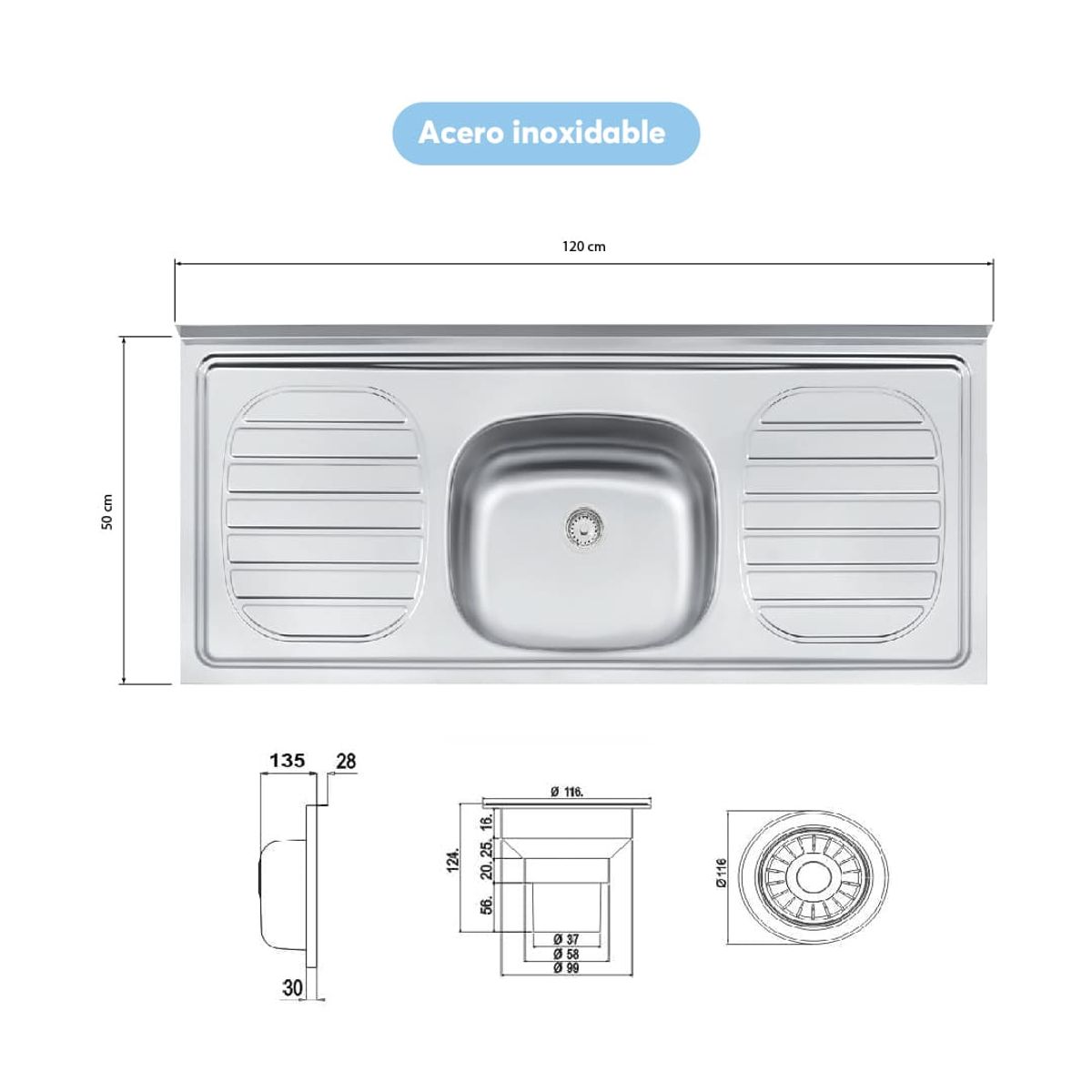 BERTOLINI - Mueble inferior de cocina 120cm en MDP con lavaplatos central
