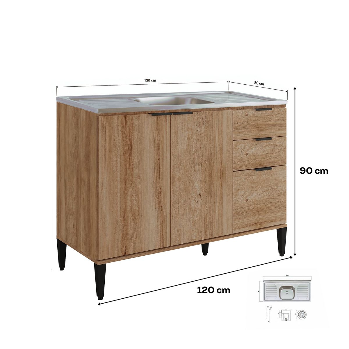 BERTOLINI - Mueble inferior de cocina 120cm en MDP con lavaplatos central