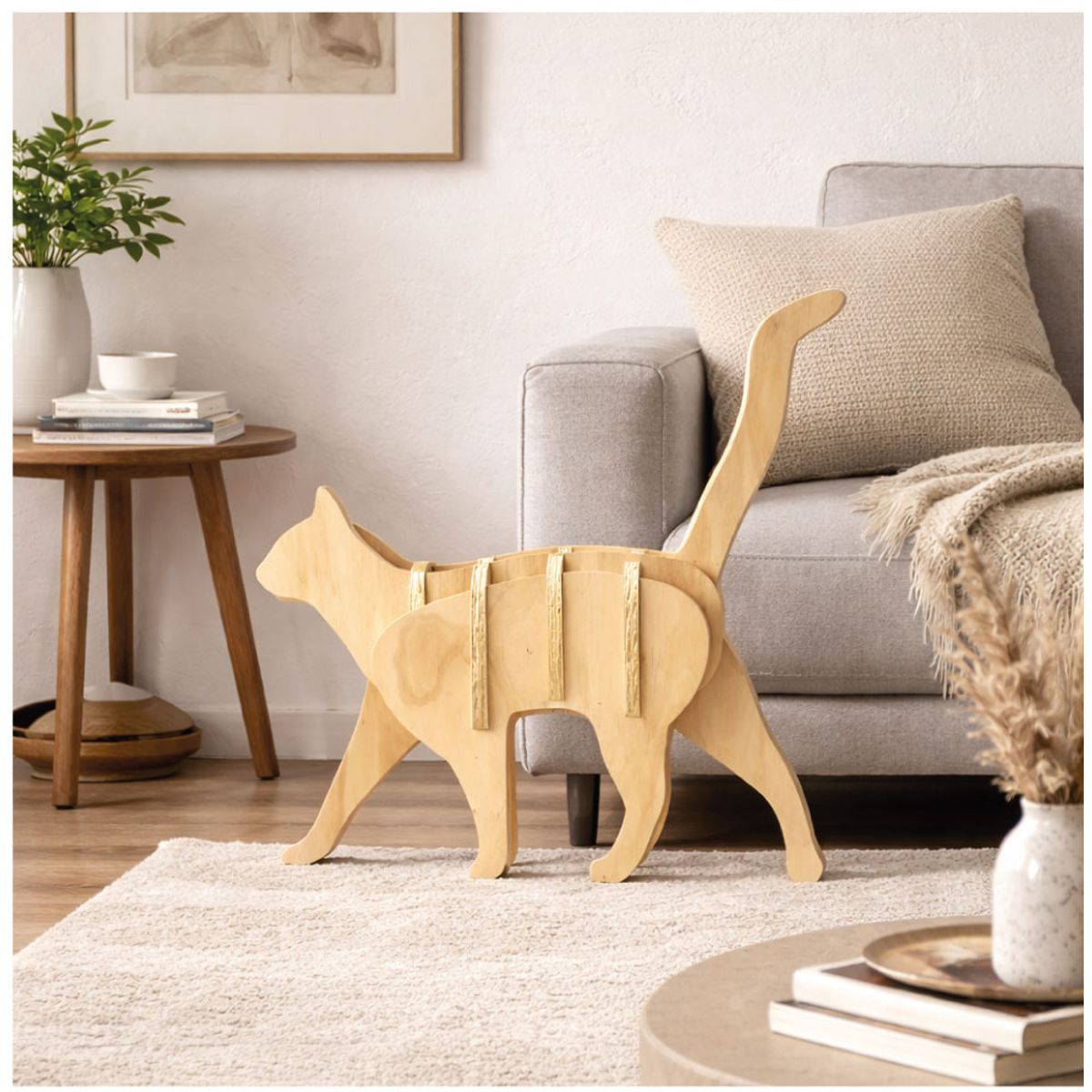 GENERICO - Escultura Decorativa de Gato Madera Natural