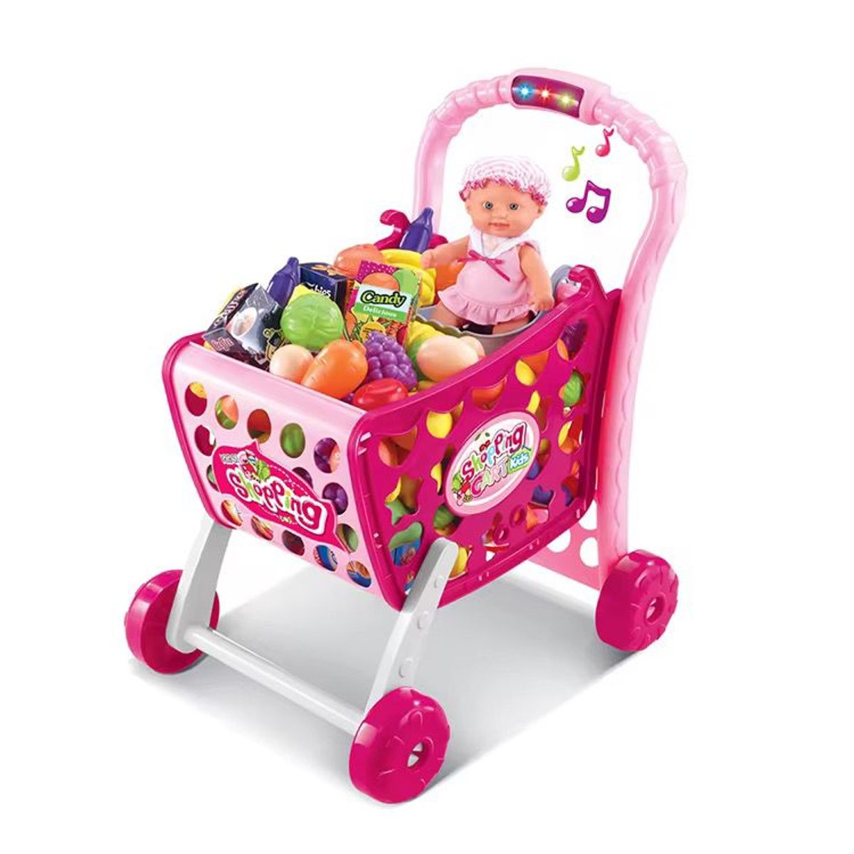 GENERICO - Carrito De Mercado Musical Con Luces Y 28 Accesorios Rosa