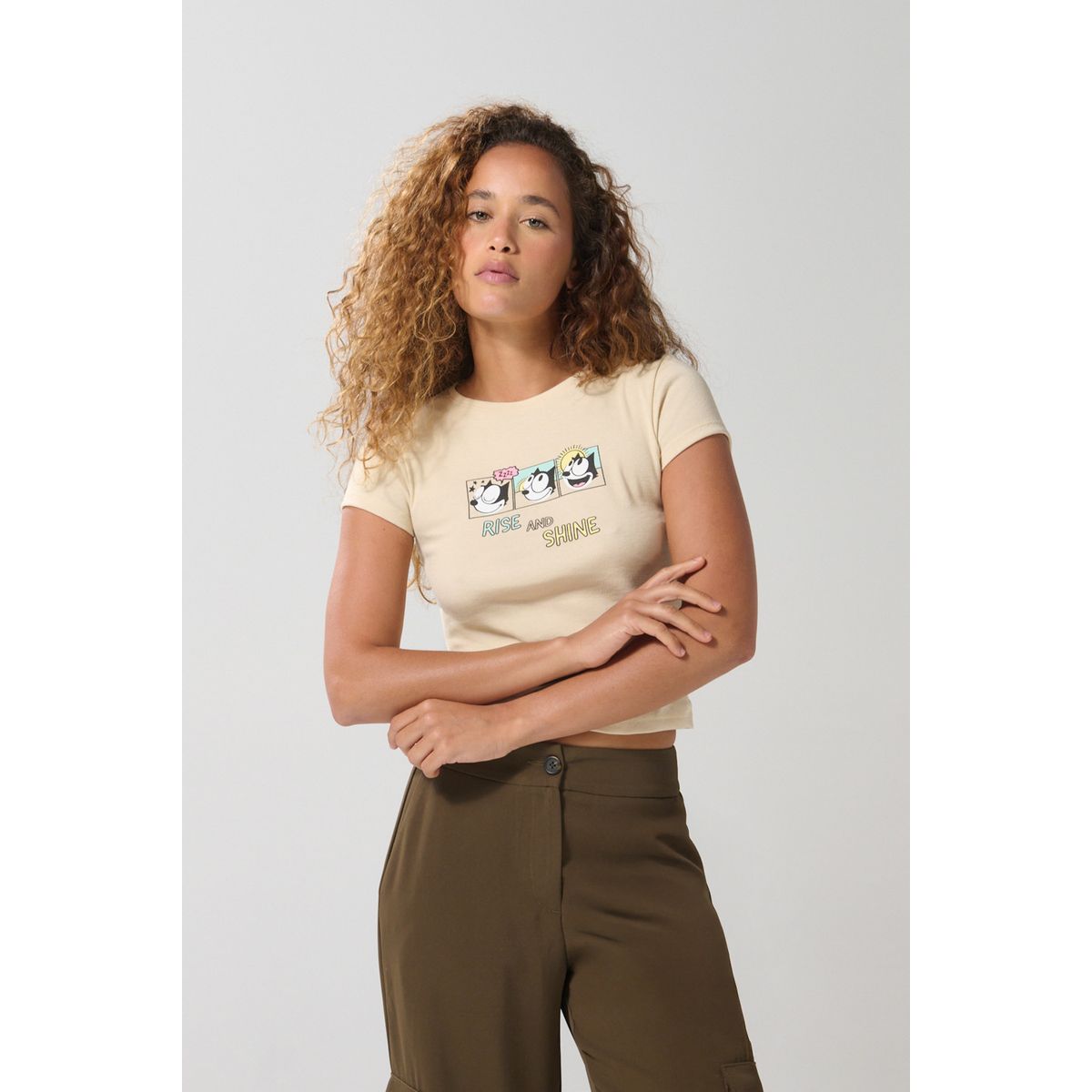 KOAJ - KOAJ Camiseta de Félix el Gato kaki clara con manga corta Mujer