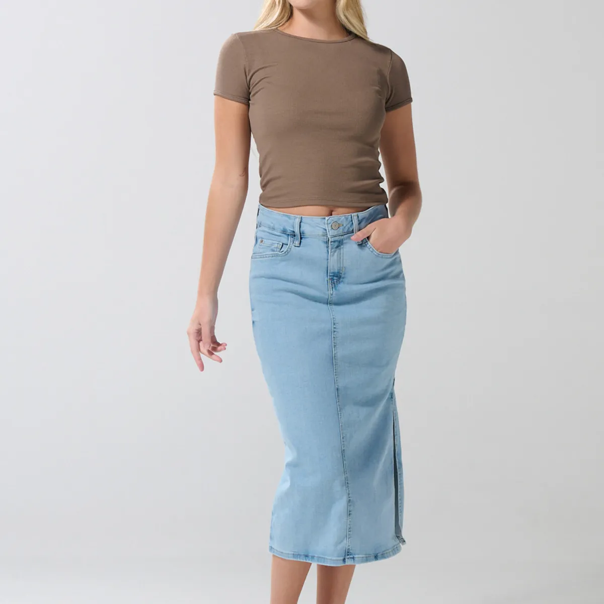 KOAJ - KOAJ Falda azul en jean larga tiro alto con abertura lateral Mujer