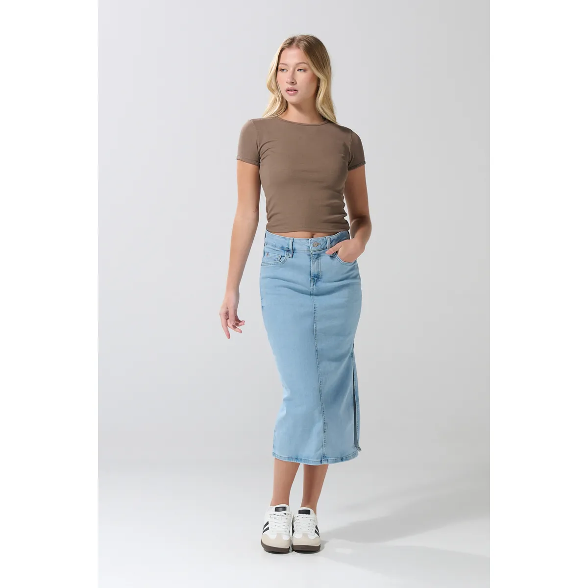 KOAJ - KOAJ Falda azul en jean larga tiro alto con abertura lateral Mujer