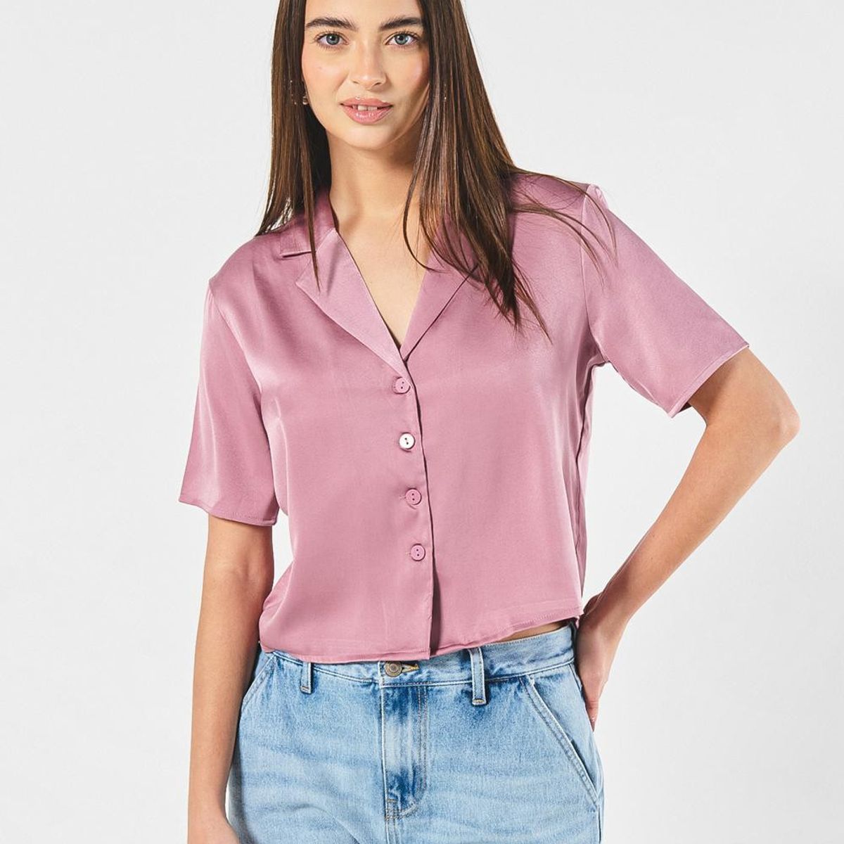 KOAJ - KOAJ Blusa unicolor crop con manga corta y botones Mujer