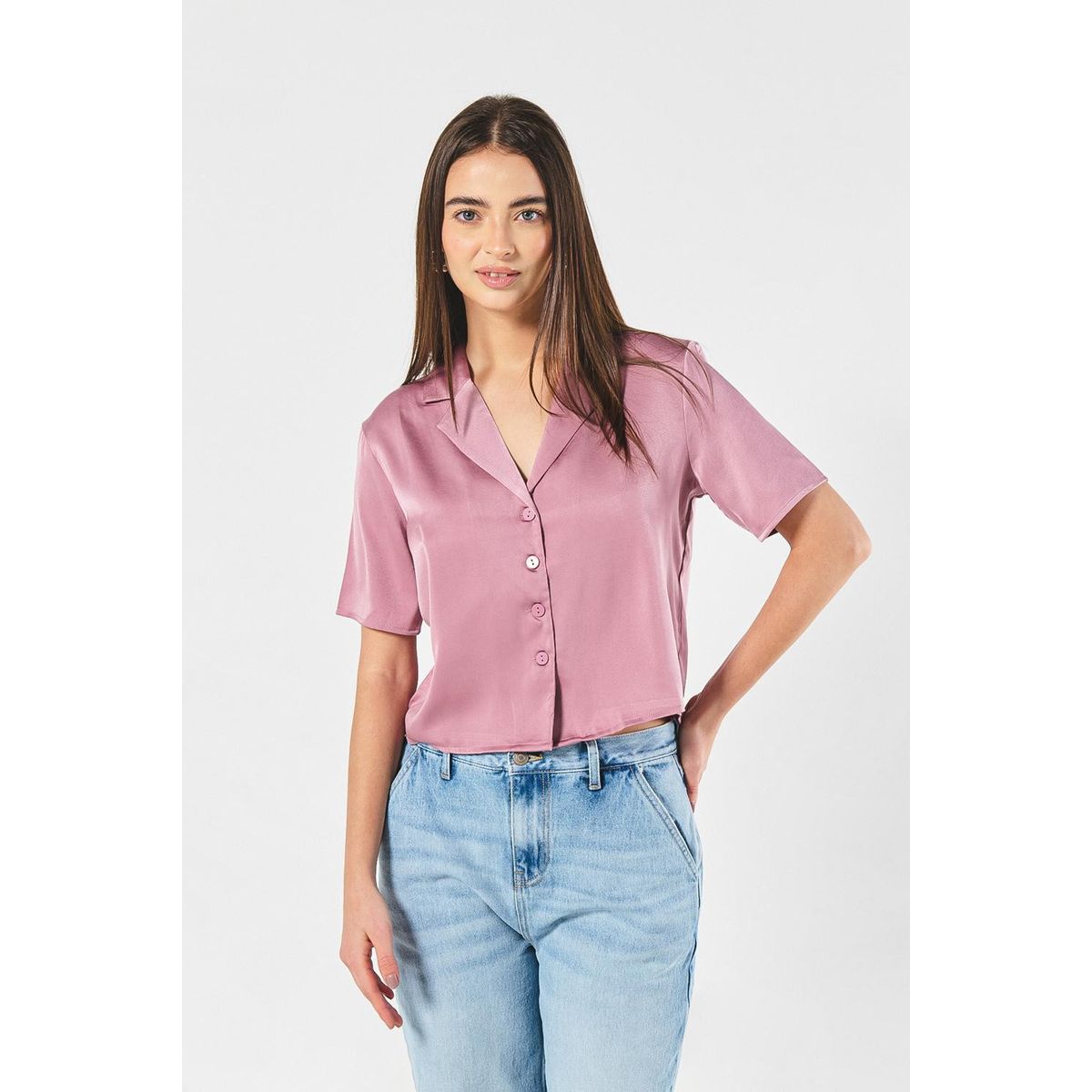 KOAJ - KOAJ Blusa unicolor crop con manga corta y botones Mujer