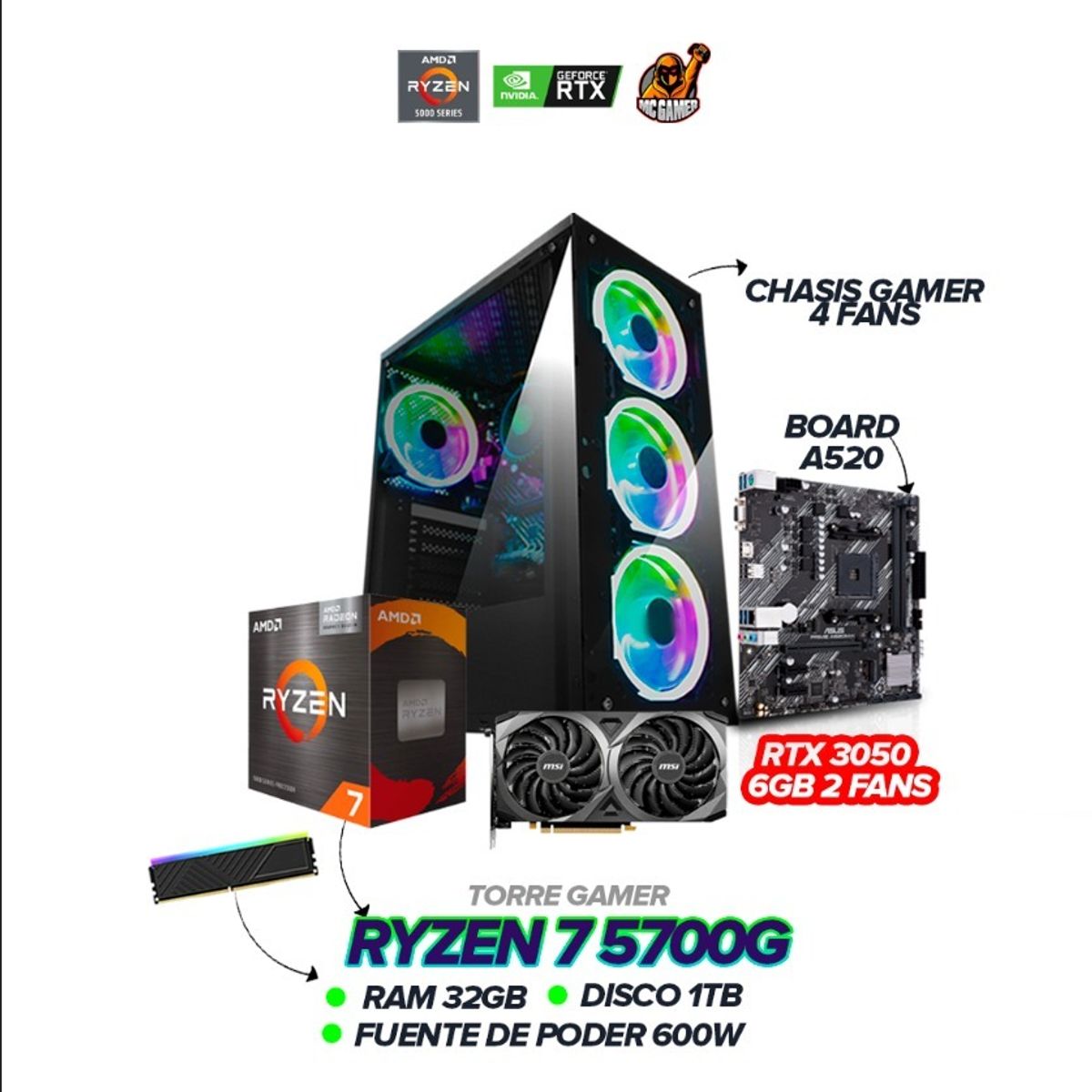 AMD - TORRE GAMER RYZEN 7 5700G / RTX 3050 6GB / 32GB RAM / 1TB SSD M.2 / 600W / A520