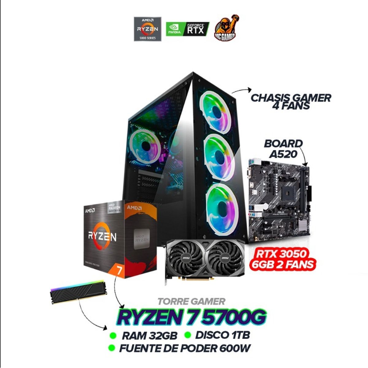 AMD - TORRE GAMER RYZEN 7 5700G / RTX 3050 6GB / 32GB RAM / 1TB SSD M.2 / 600W / A520