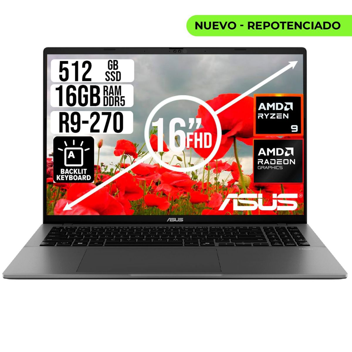 ASUS - PORTATIL ASUS AMD RYZEN 9 270 SSD 512GB RAM 16GB LED 16 FULL HD