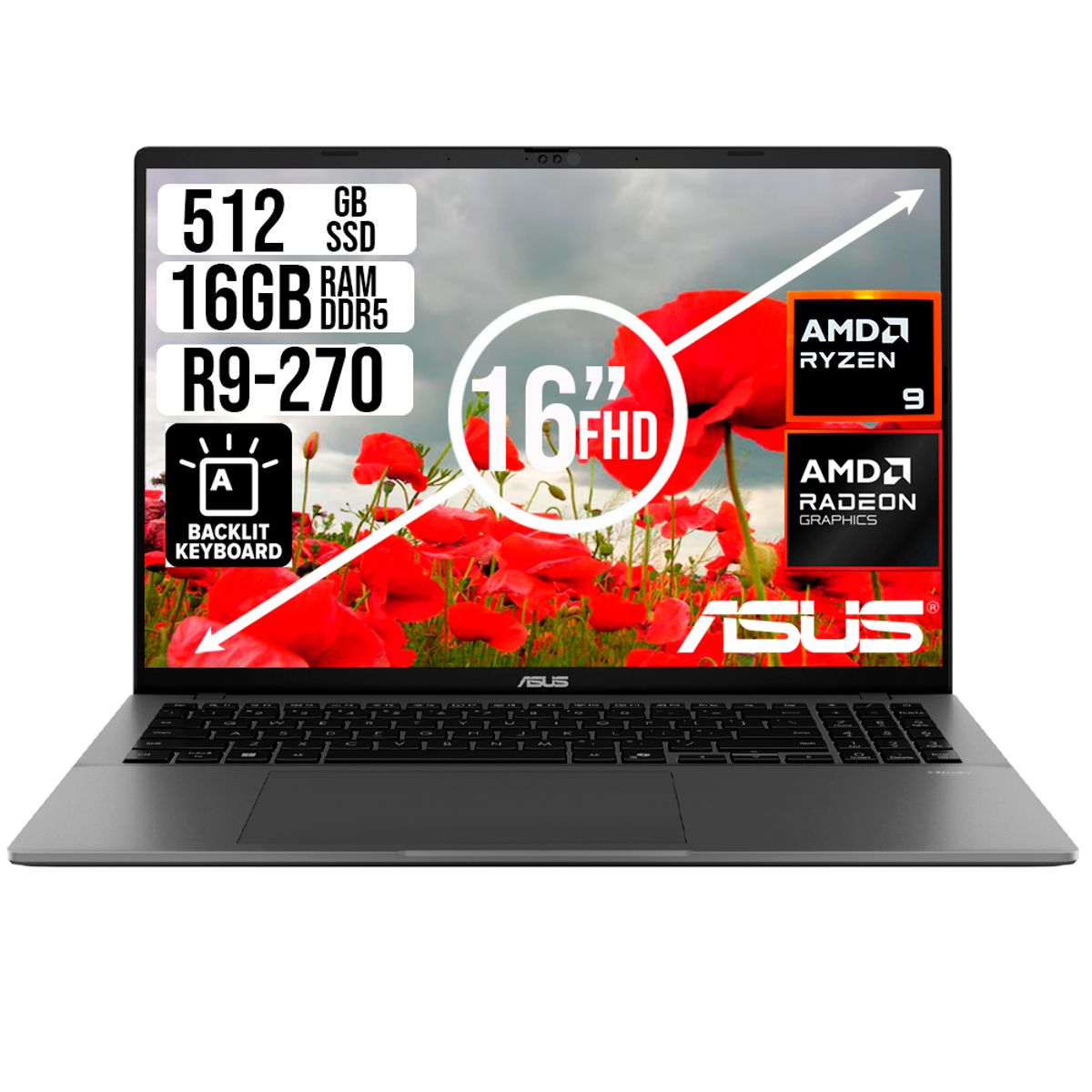 ASUS - Portátil ASUS 16" AMD Ryzen 9 270 16GB RAM DDR5 512GB SSD Laptop Alto Rendimiento