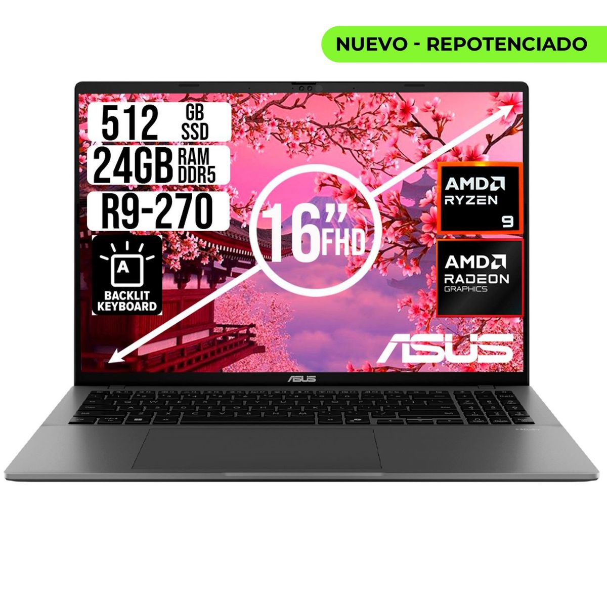 ASUS - PORTATIL ASUS AMD RYZEN 9 270 SSD 512GB RAM 24GB LED 16 FULL HD