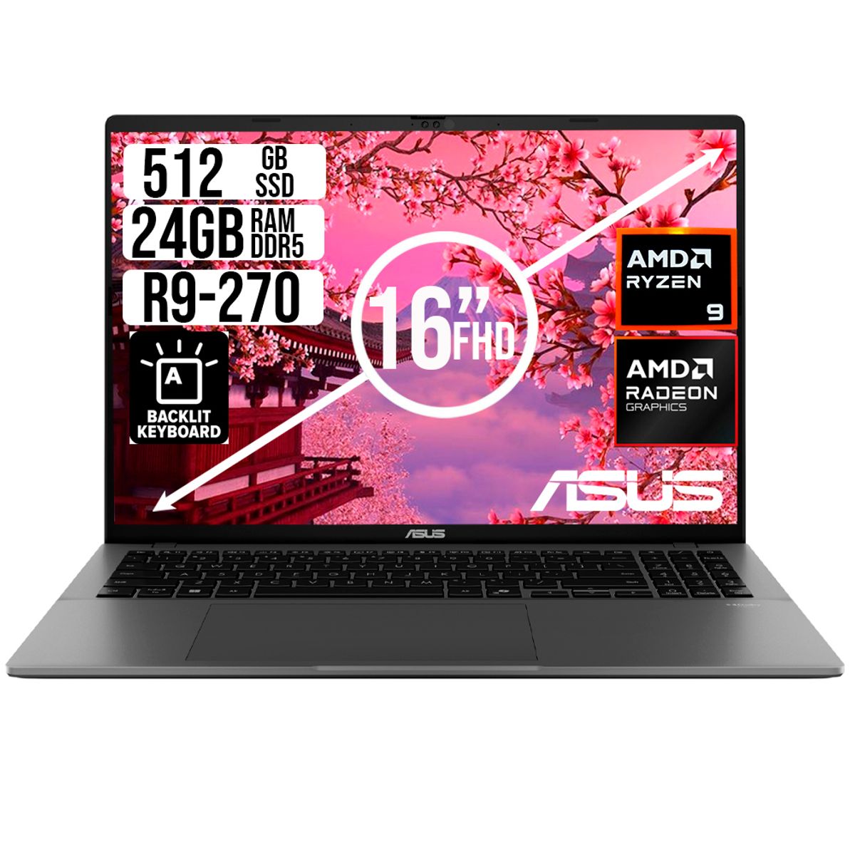 ASUS - PORTATIL ASUS AMD RYZEN 9 270 SSD 512GB RAM 24GB LED 16 FULL HD
