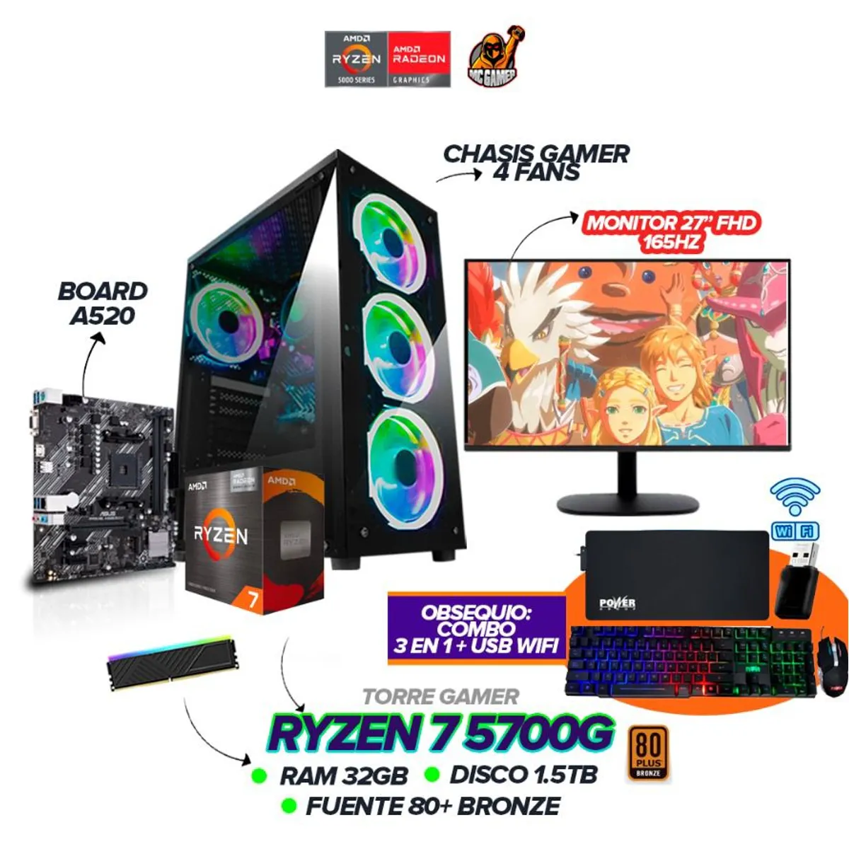 AMD - PC Gamer Ryzen 7 5700G / 32GB Ram / 1.5TB SSD / Monitor 27” 180Hz + Combo 3 en 1
