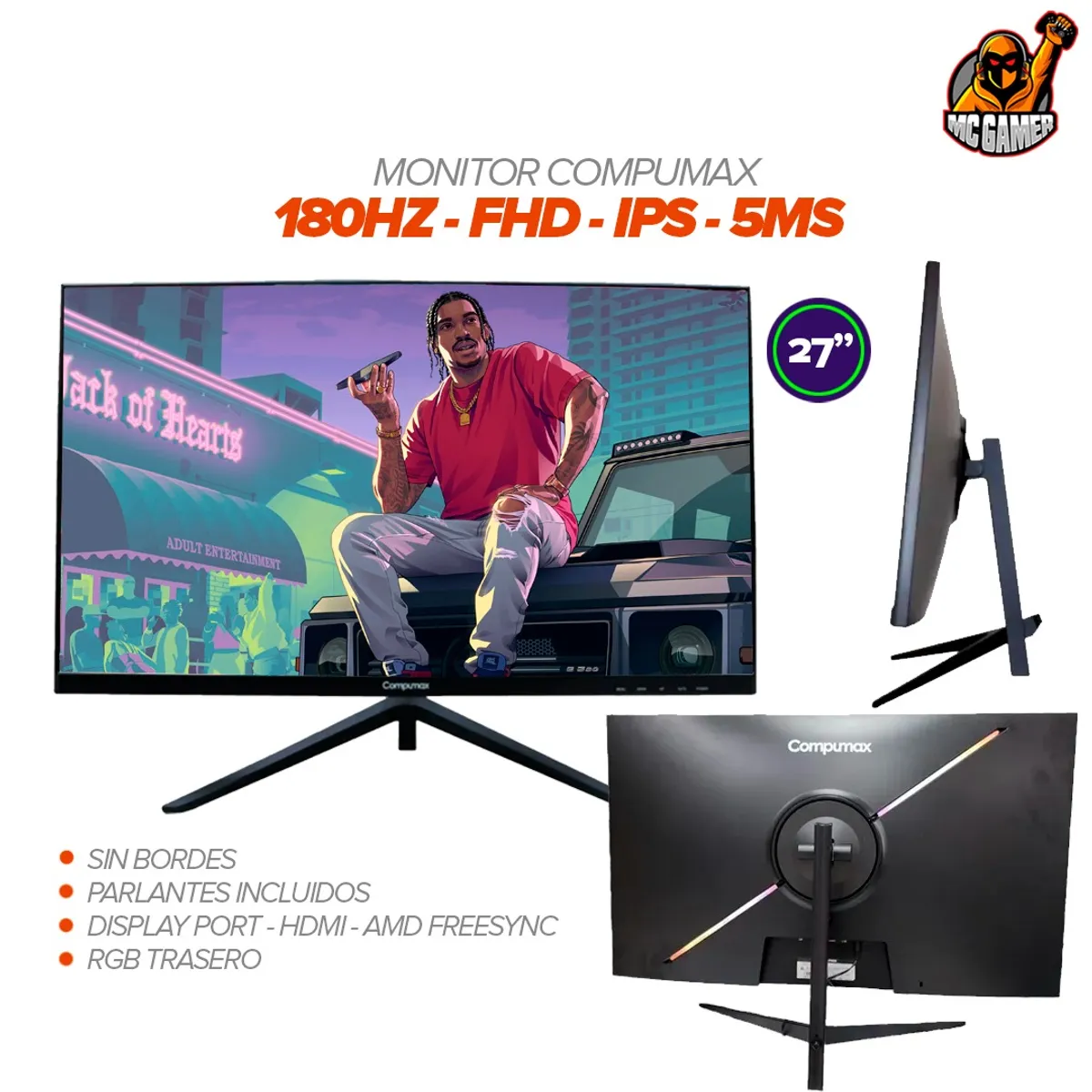 AMD - PC Gamer Ryzen 7 5700G / 32GB Ram / 1.5TB SSD / Monitor 27” 180Hz + Combo 3 en 1