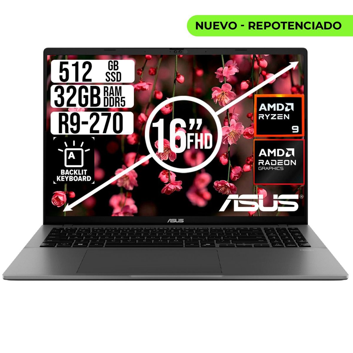ASUS - PORTATIL ASUS AMD RYZEN 9 270 SSD 512GB RAM 32GB LED 16 FULL HD