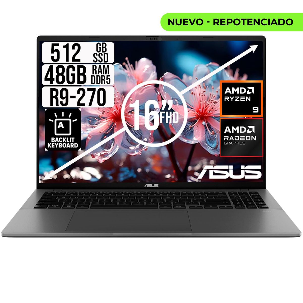 ASUS - PORTATIL ASUS AMD RYZEN 9 270 SSD 512GB RAM 48GB LED 16 FULL HD