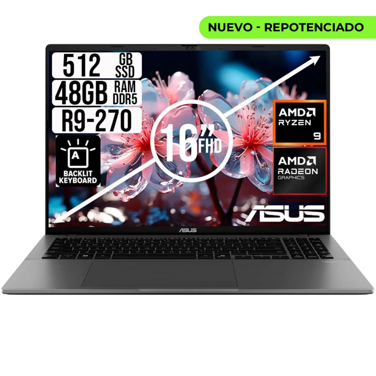 ASUS - PORTATIL ASUS AMD RYZEN 9 270 SSD 512GB RAM 48GB LED 16 FULL HD
