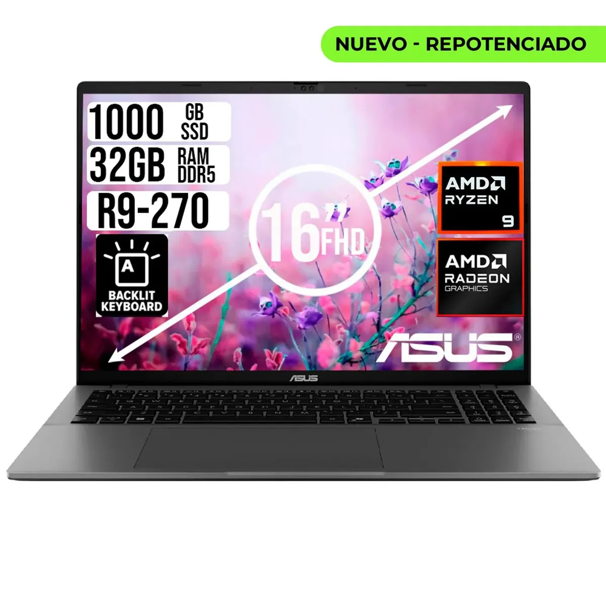 ASUS - PORTATIL ASUS AMD RYZEN 9 270 SSD 1TB RAM 32GB LED 16 FULL HD
