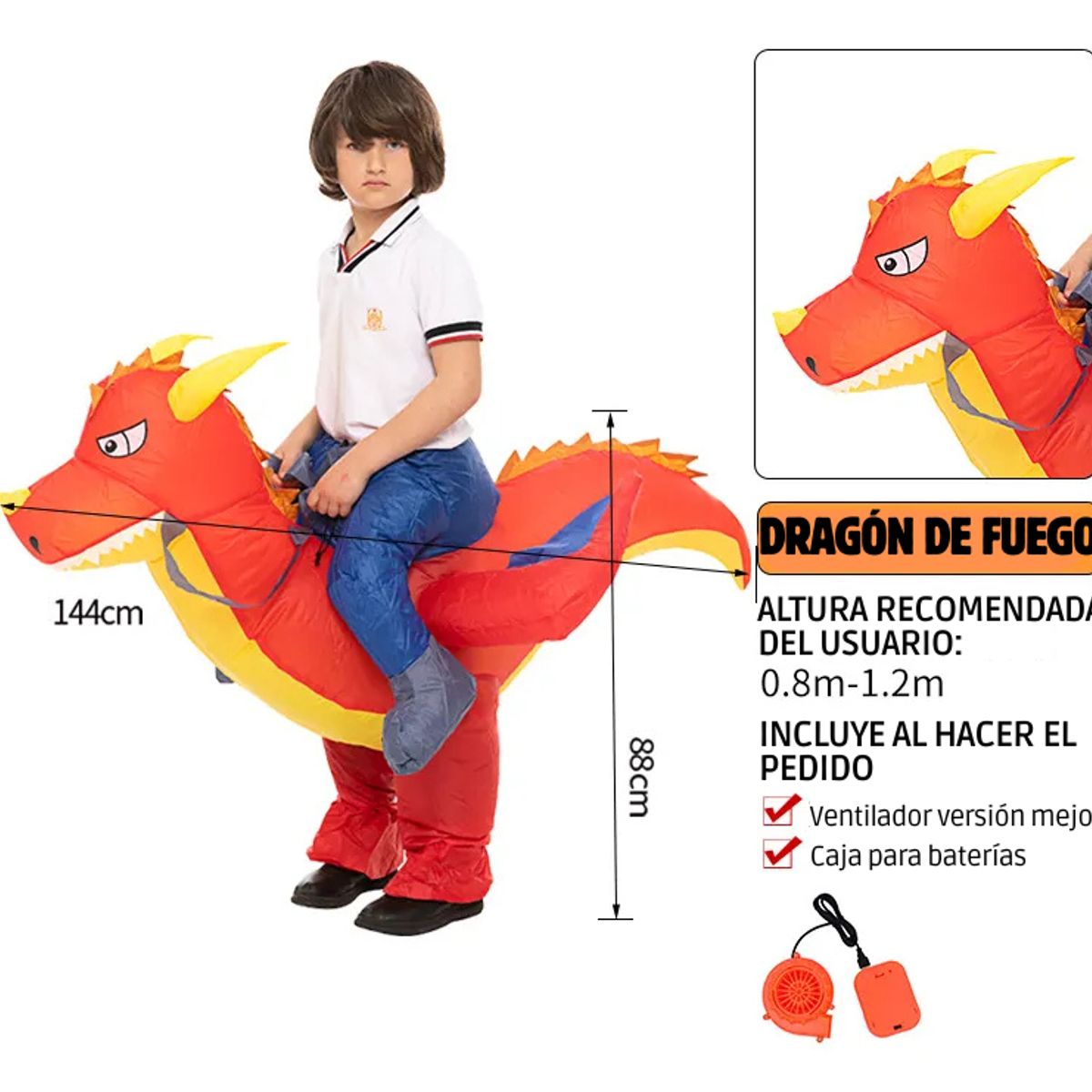 BABY ON - Disfraz Inflable Dragón De Fuego Para Niño Halloween 88x144