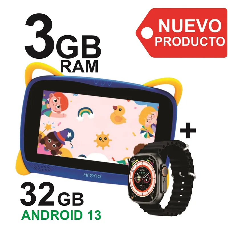 KRONO - Tablet Niños 3GB RAM 7 Pulgadas Android Wifi + Reloj Inteligente Azul