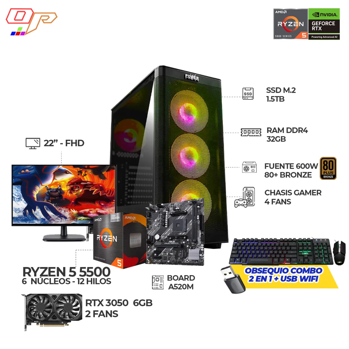 AMD - COMPUTADOR GAMER RYZEN 5 5500+ RTX 3050- RAM 32GB - 1.5TB + MONITOR 22" FHD