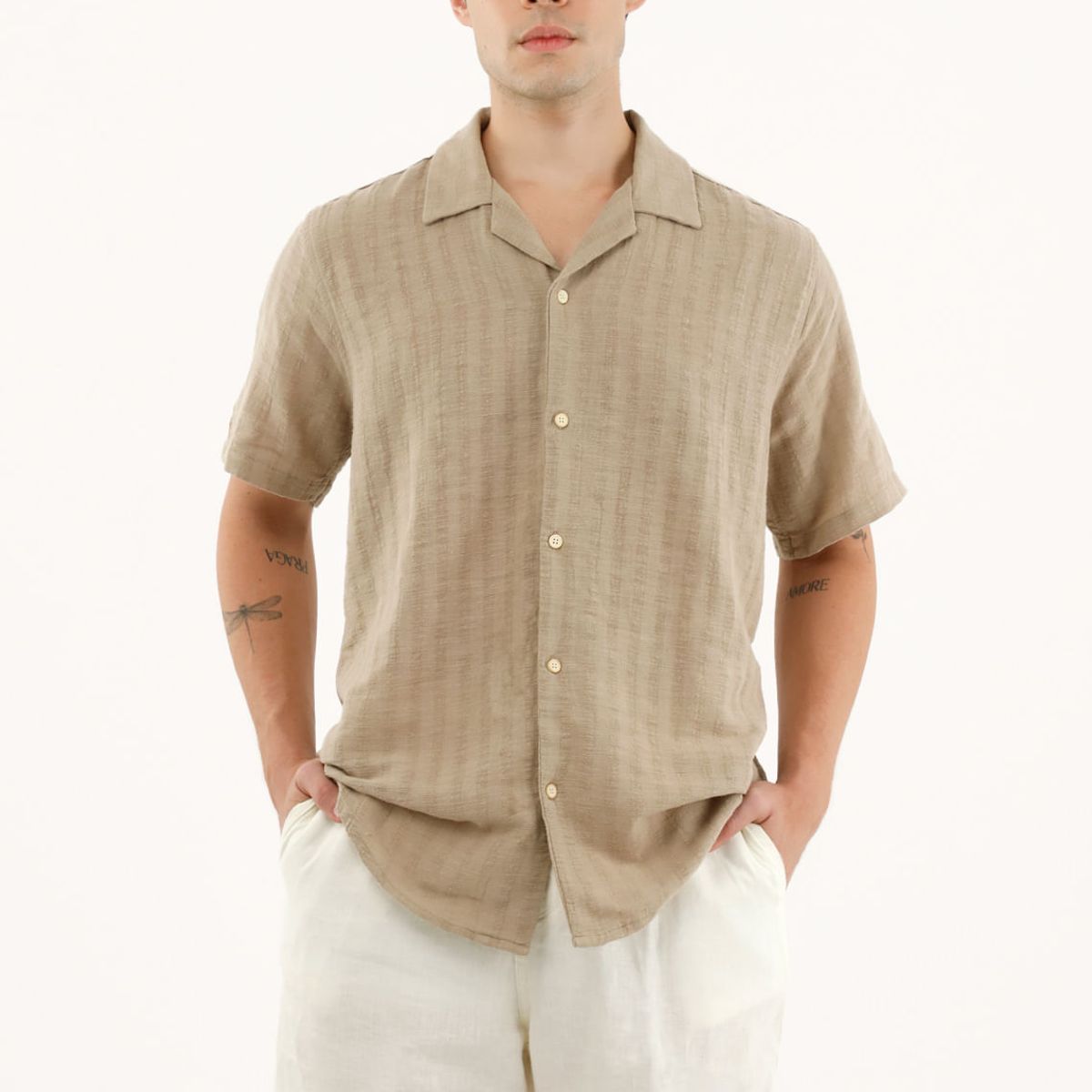 TENNIS - Camisa café tipo bowling manga corta para hombre