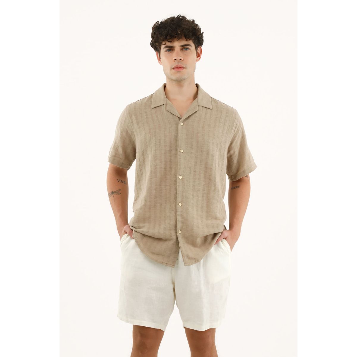 TENNIS - Camisa café tipo bowling manga corta para hombre