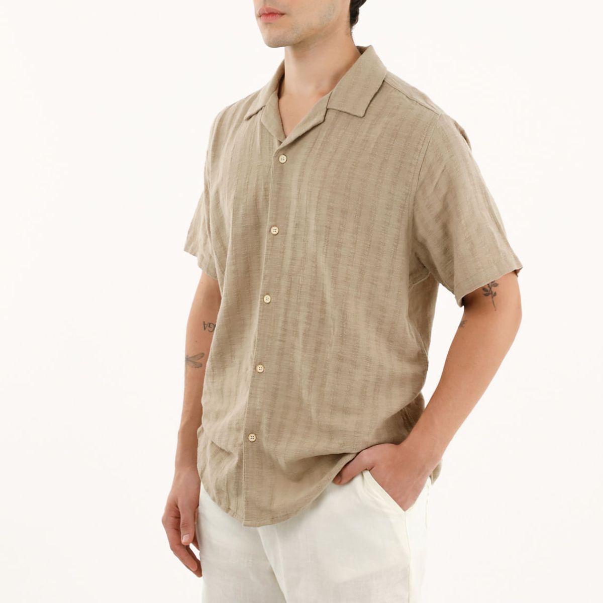 TENNIS - Camisa café tipo bowling manga corta para hombre
