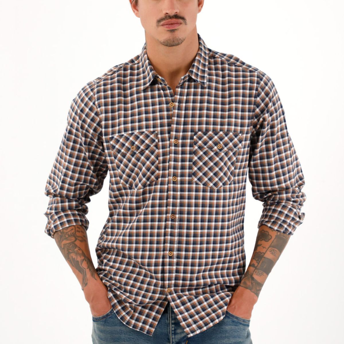 TENNIS - Camisa leñadora con botones en madera café para hombre