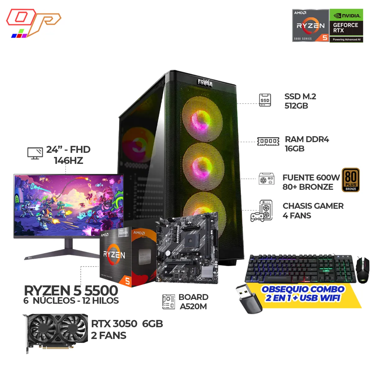 AMD - COMPUTADOR GAMER RYZEN 5 5500+ RTX 3050- RAM 16GB- 512GB + MONITOR 24" FHD 146HZ
