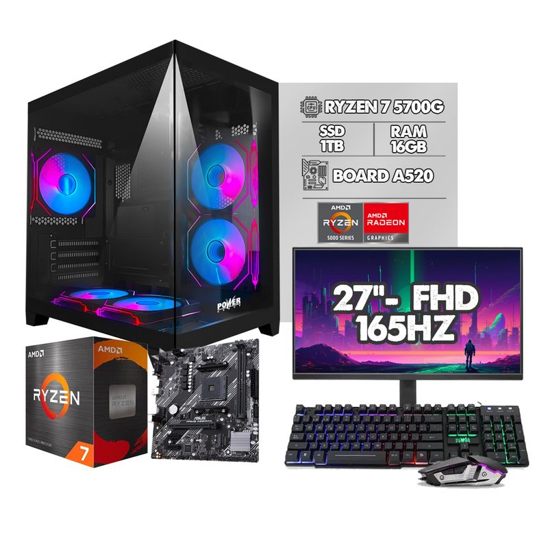 AMD - PC Gamer Ryzen 7 5700G / 16GB Ram / 1TB SSD / Monitor 27” 165Hz + USB Wifi