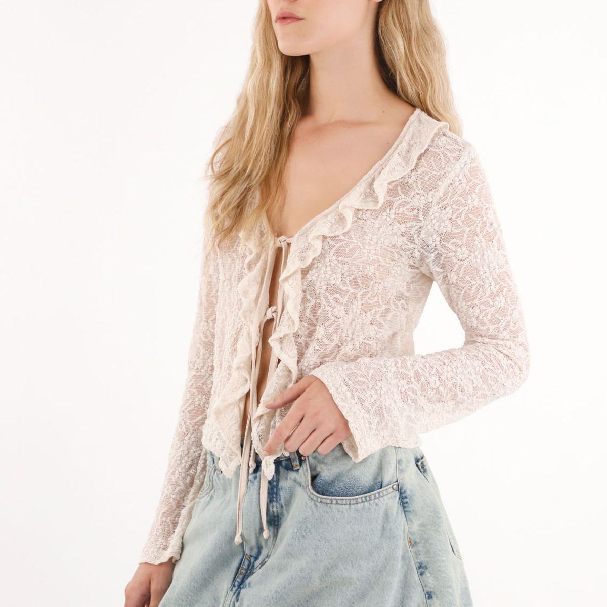 TENNIS - Camiseta en tela tipo encaje con escote en V crudo para mujer