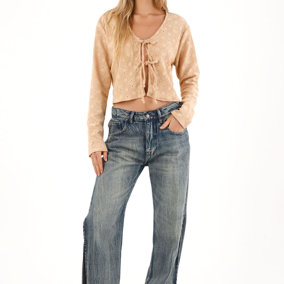 TOPMARK - Camiseta tejida con tiras que anudan café para mujer