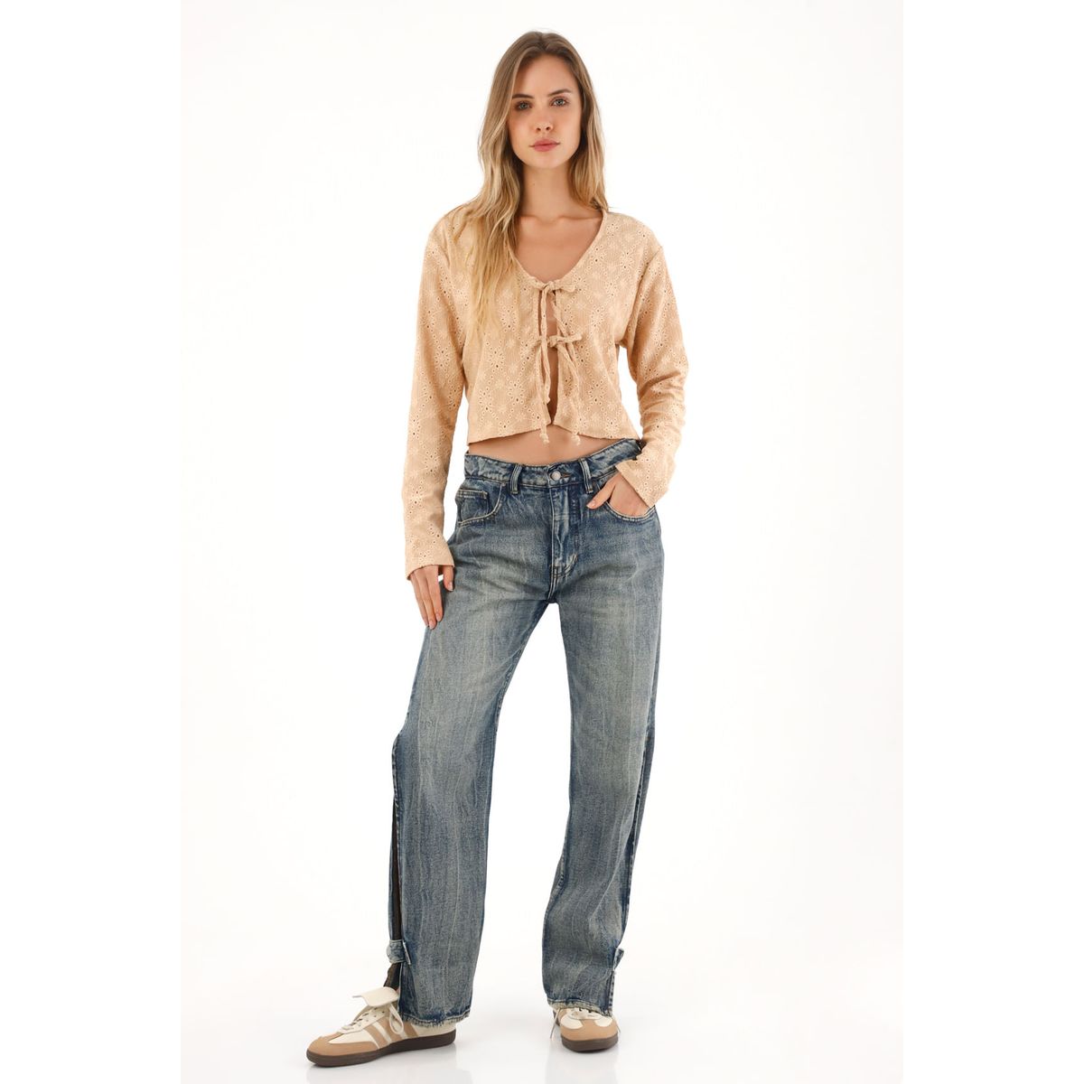 TOPMARK - Camiseta tejida con tiras que anudan café para mujer