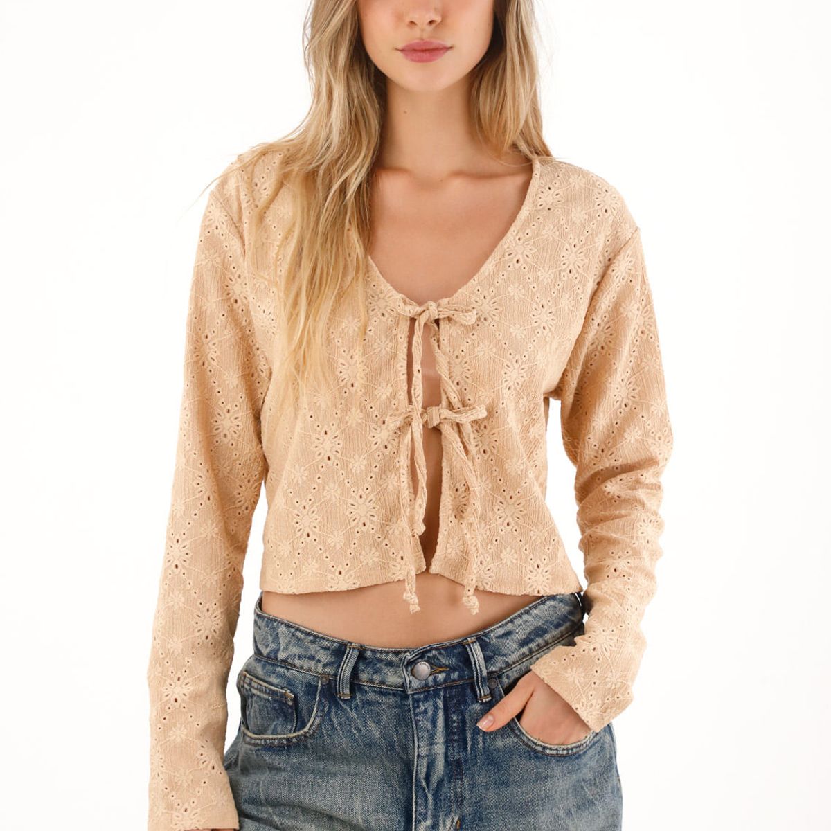 TOPMARK - Camiseta tejida con tiras que anudan café para mujer