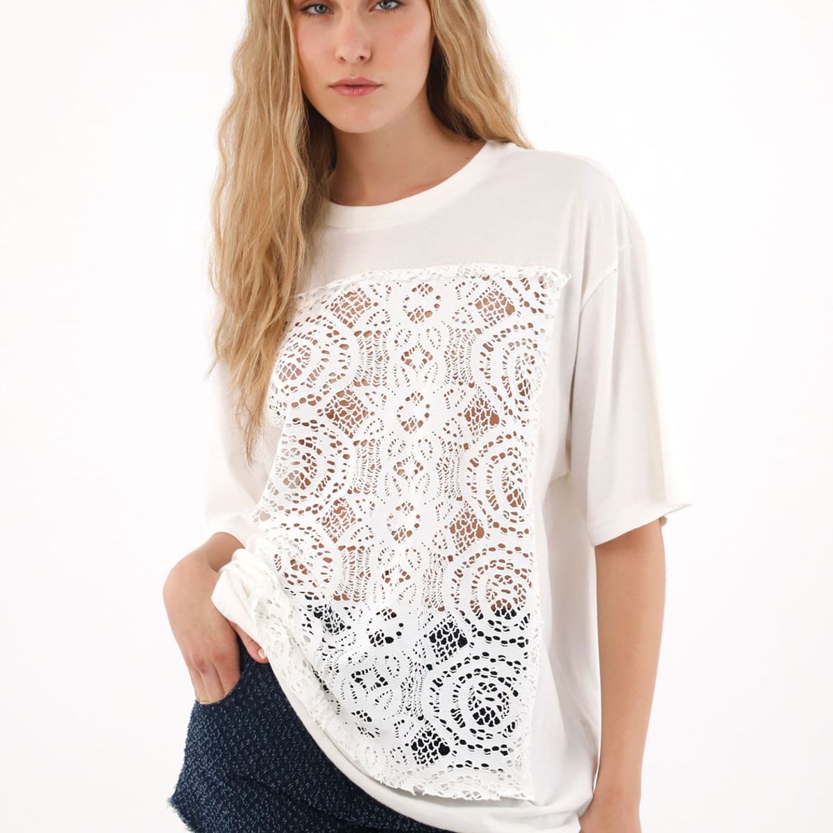 TENNIS - Camiseta manga corta de silueta amplia crudo para mujer