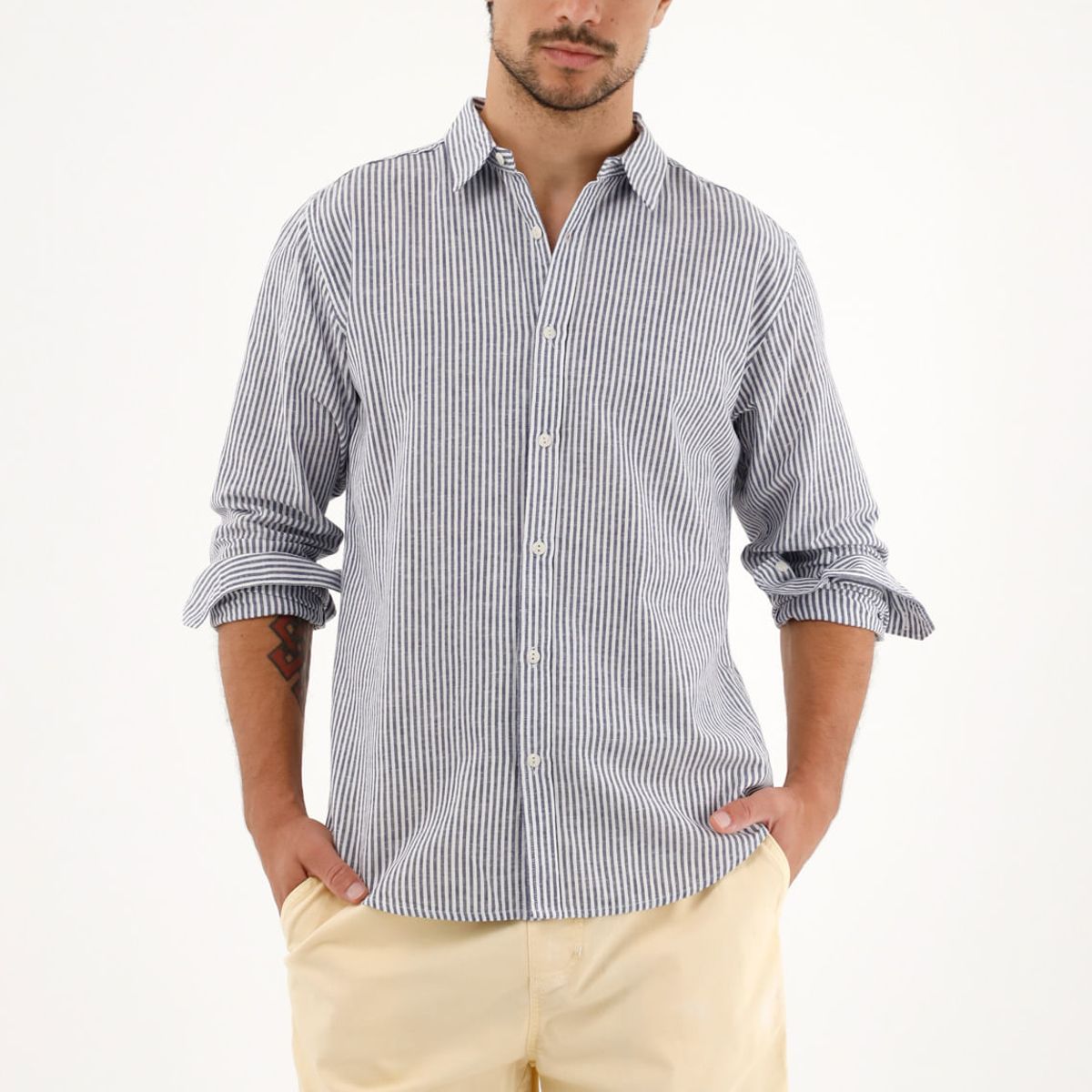 TENNIS - Camisa azul oscuro a rayas manga larga para hombre