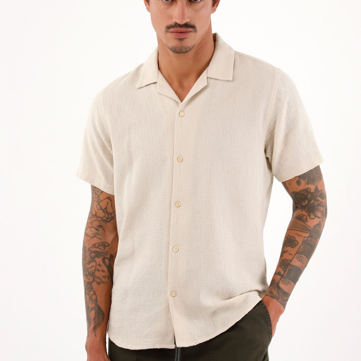 TENNIS - Camisa Resort con tela texturizada crudo para hombre