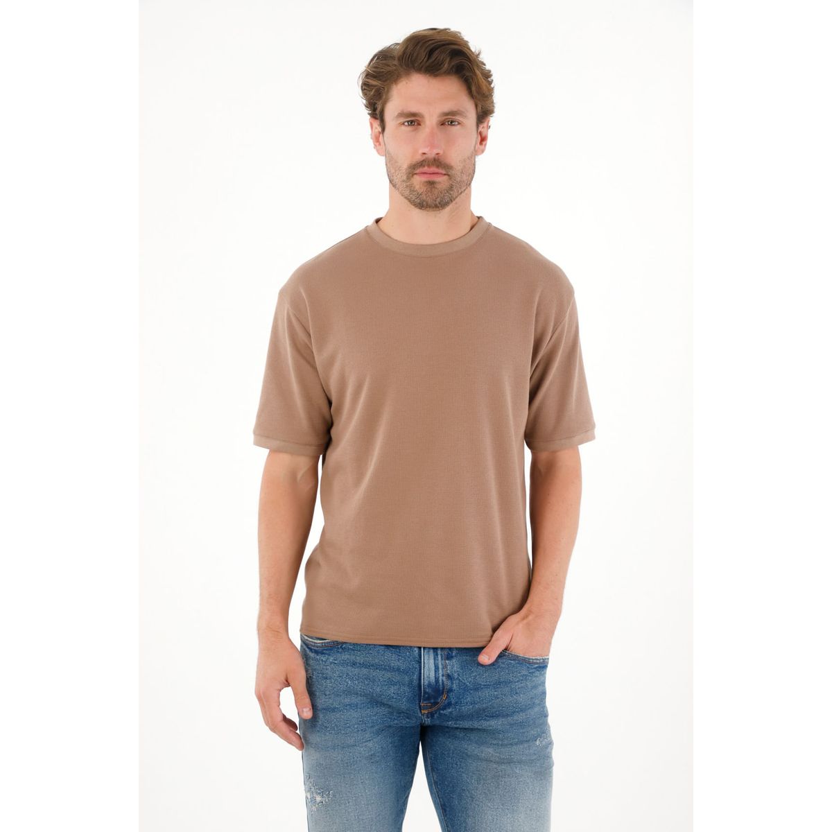 TENNIS - Camiseta manga corta con textura café para hombre