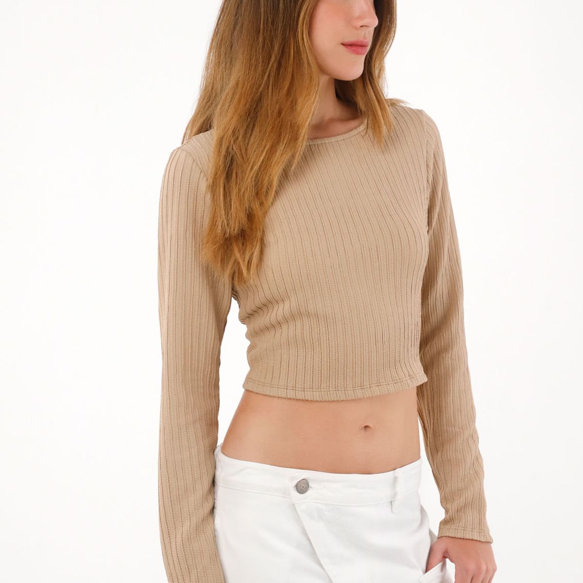 TENNIS - Camiseta crop manga larga café para mujer