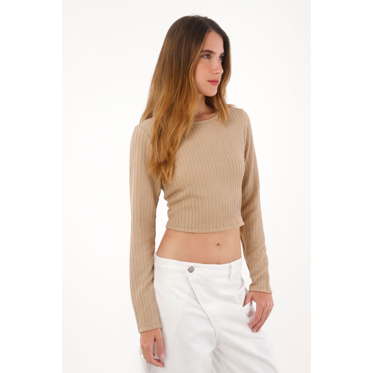 TENNIS - Camiseta crop manga larga café para mujer