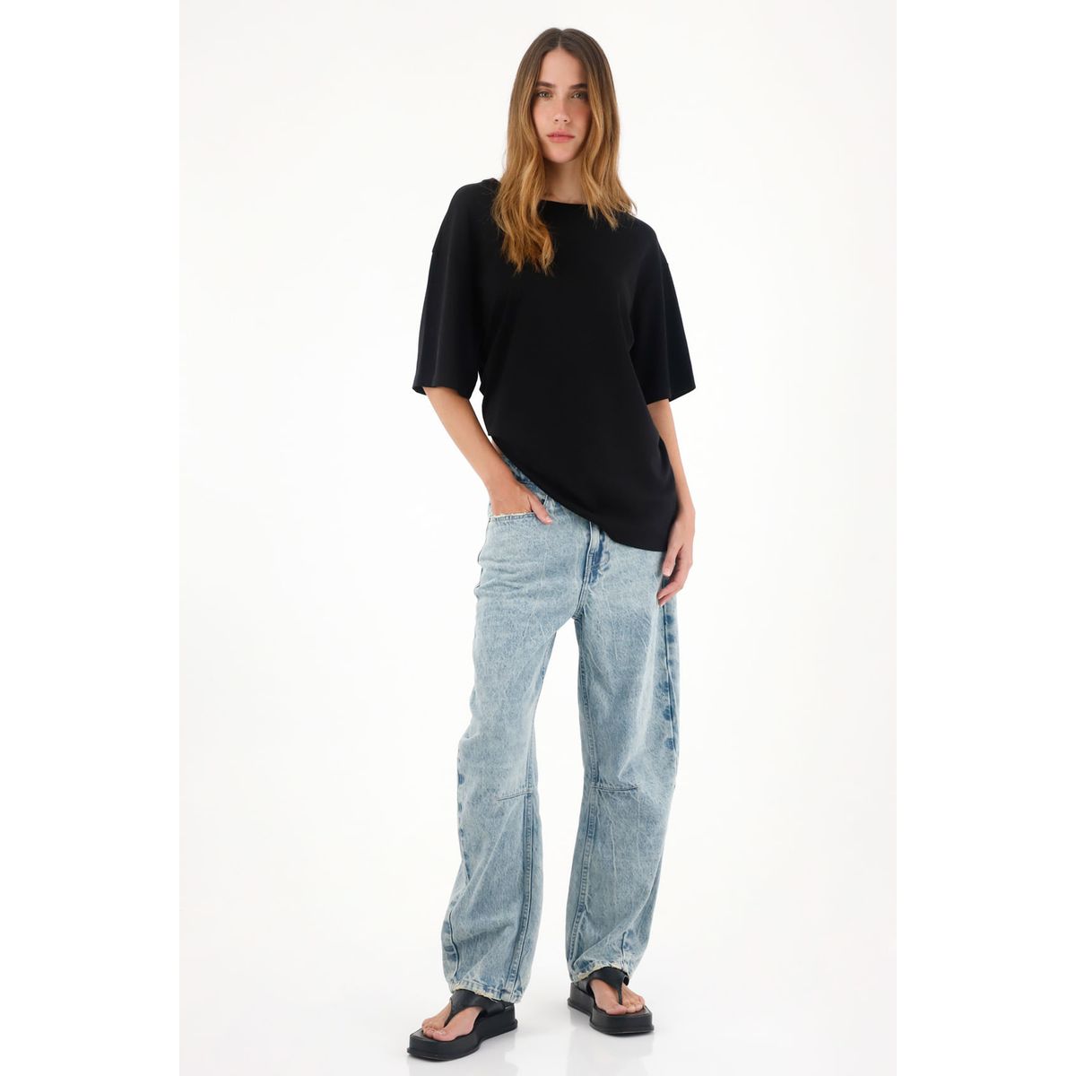 TENNIS - Camiseta oversize con cuello en rib negra para mujer