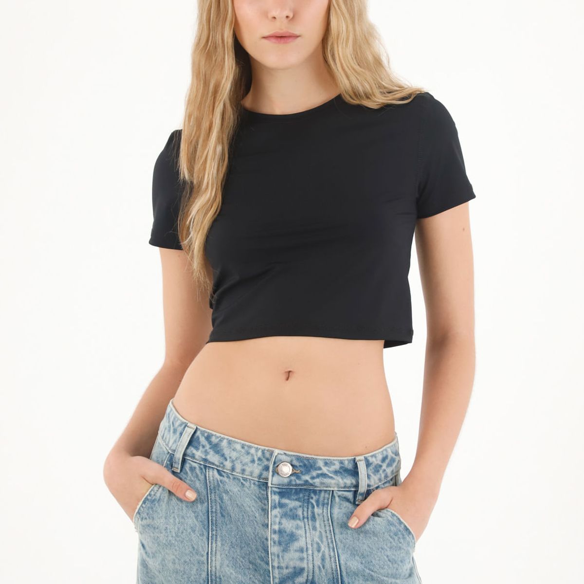 TENNIS - Camiseta manga corta de largo crop negra para mujer