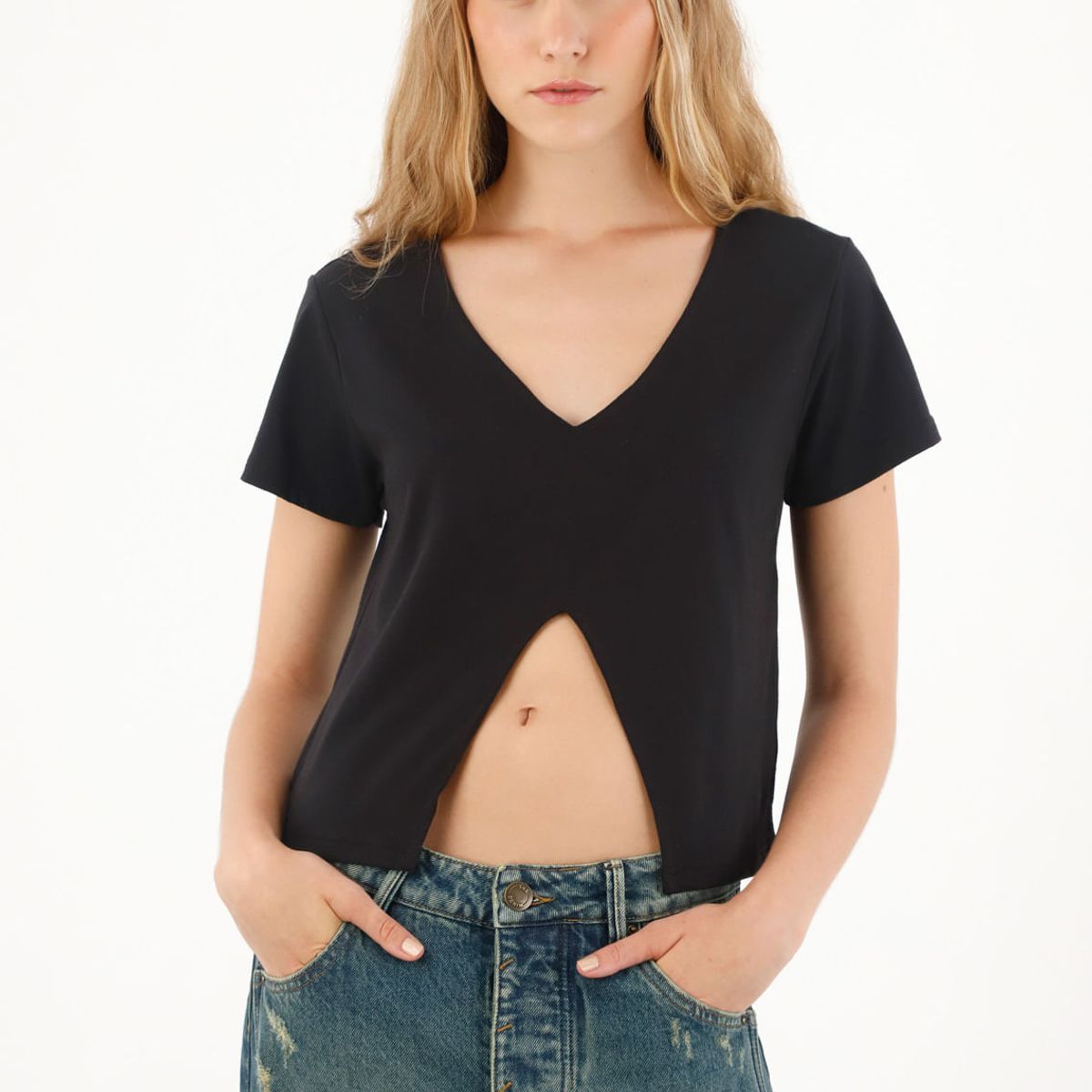 TENNIS - Camiseta manga corta con abertura en delantero negra para mujer