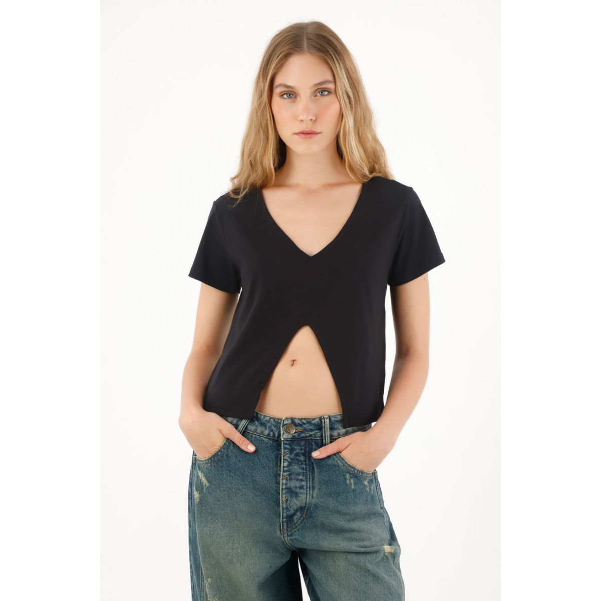 TENNIS - Camiseta manga corta con abertura en delantero negra para mujer