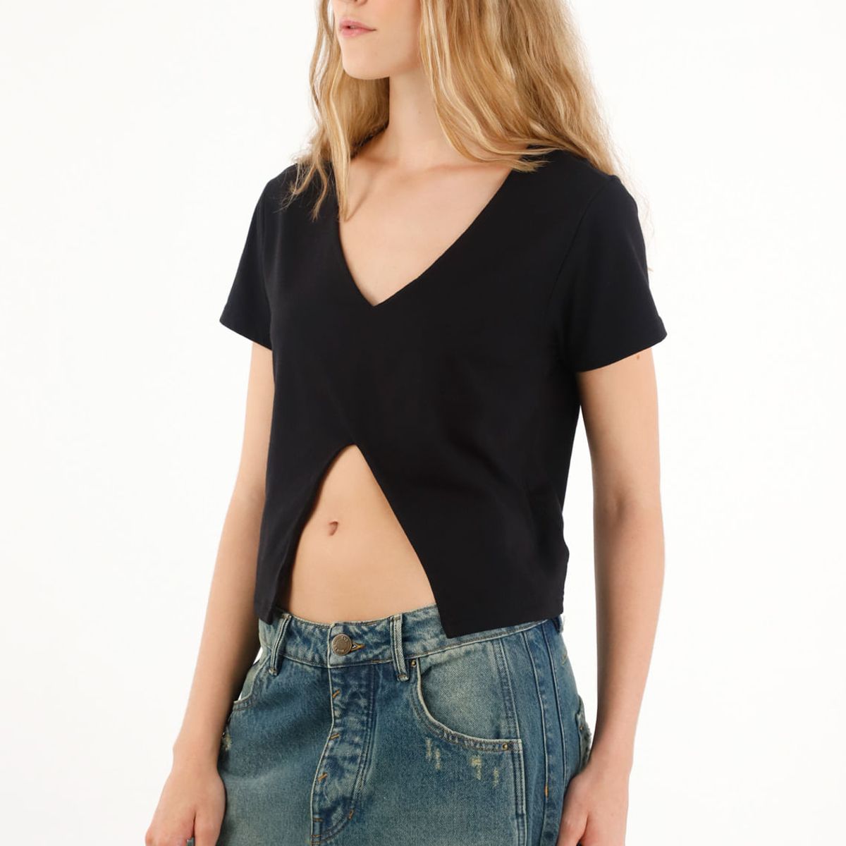 TENNIS - Camiseta manga corta con abertura en delantero negra para mujer